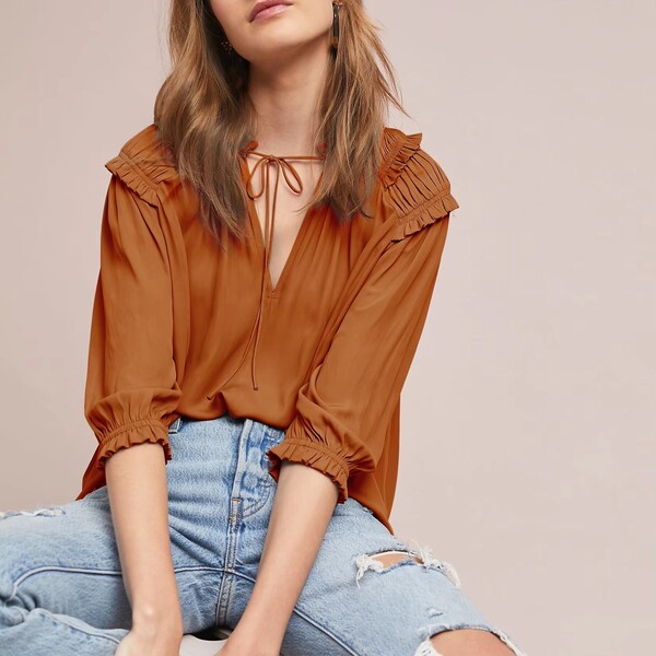 Whoelsale 3 Pcs of Satin Ruffled V Neck Blouse 
