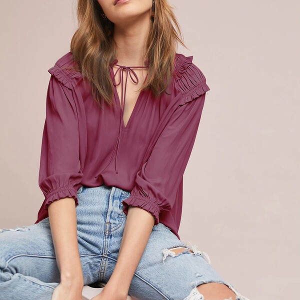 Whoelsale 3 Pcs of Satin Ruffled V Neck Blouse 
