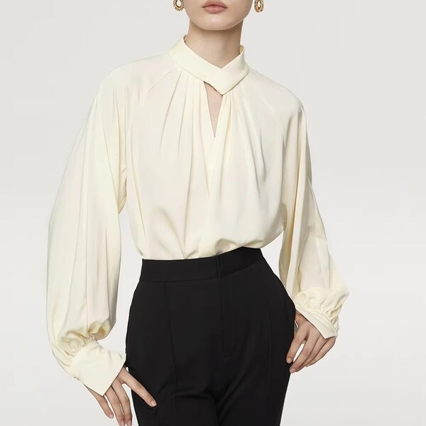 French Standing Collar Lantern Sleeve Shirt