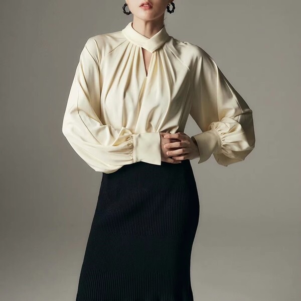 French Standing Collar Lantern Sleeve Shirt