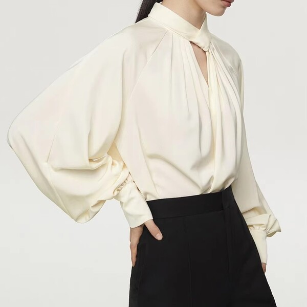 French Standing Collar Lantern Sleeve Shirt