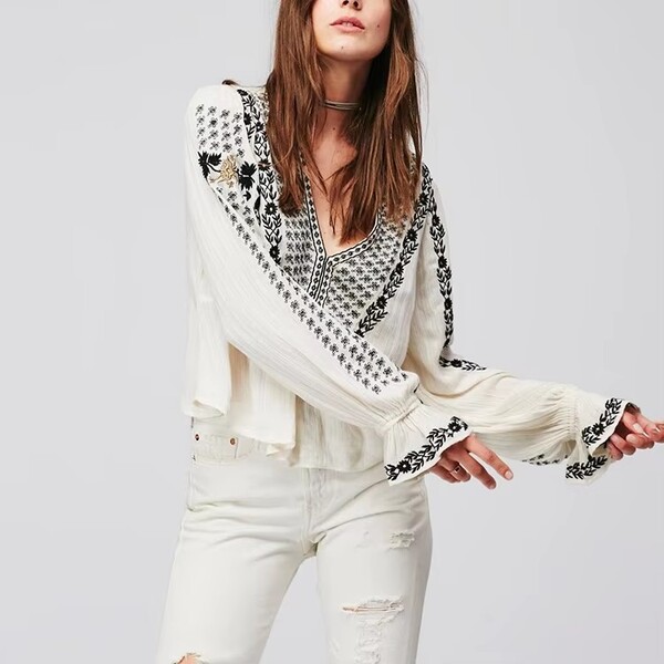 Casual Embroidered Long Sleeve Ladies Shirt