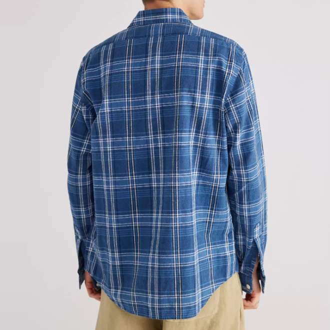 Long Sleeve Plaid Pattern Linen Cotton Blend Shirt