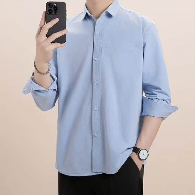 Mens Long Sleeve Solid Color Cotton Shirt