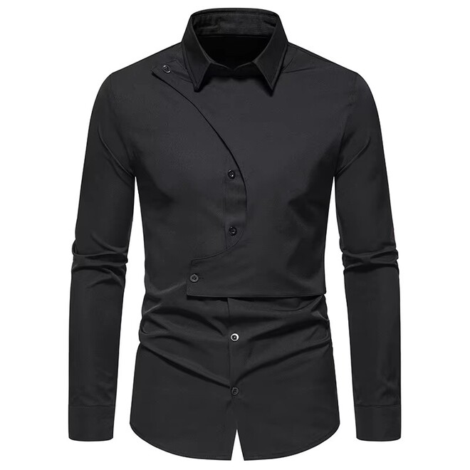 Wholesale 2 Pcs of Mens Casual Long Sleeve Shirt with Diagonal Button and Henry Collar