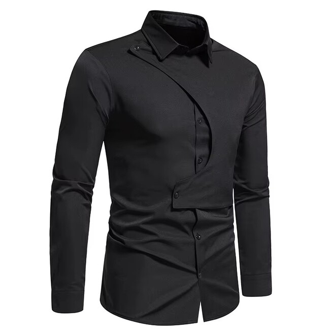 Wholesale 2 Pcs of Mens Casual Long Sleeve Shirt with Diagonal Button and Henry Collar