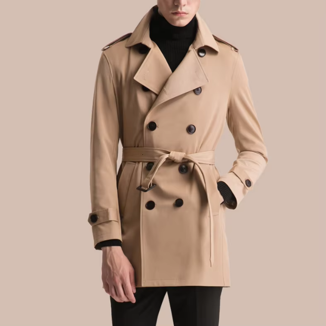 British Style Mens Mid Length Double Breasted Slim Fit Trench Coat