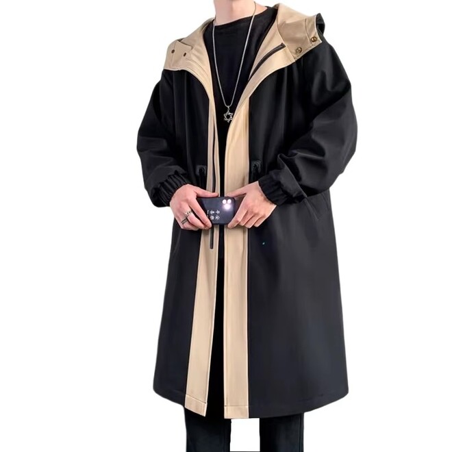 Mens Streetwear Long Fashionable Autumn Hooded Trench Coat