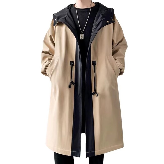 Mens Streetwear Long Fashionable Autumn Hooded Trench Coat