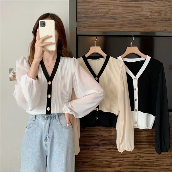 Womens Chiffon Puffy Sleeve Knit Sweater