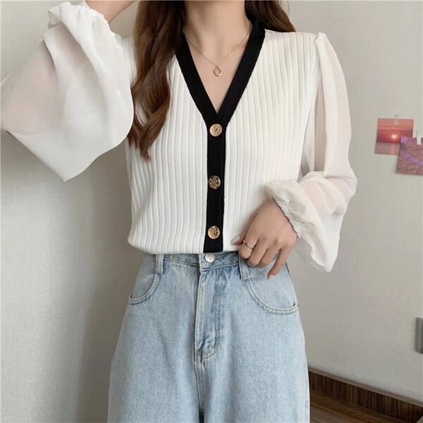 Womens Chiffon Puffy Sleeve Knit Sweater
