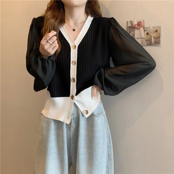 Womens Chiffon Puffy Sleeve Knit Sweater