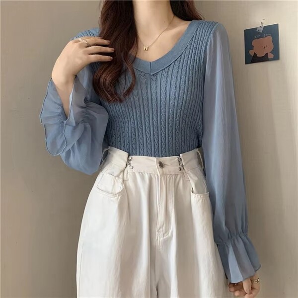 Womens Patchwork Chiffon V Neck Knit Sweater