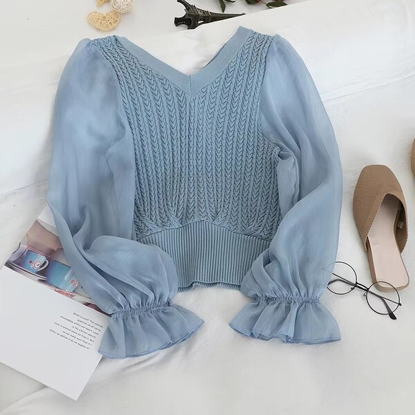Womens Patchwork Chiffon V Neck Knit Sweater