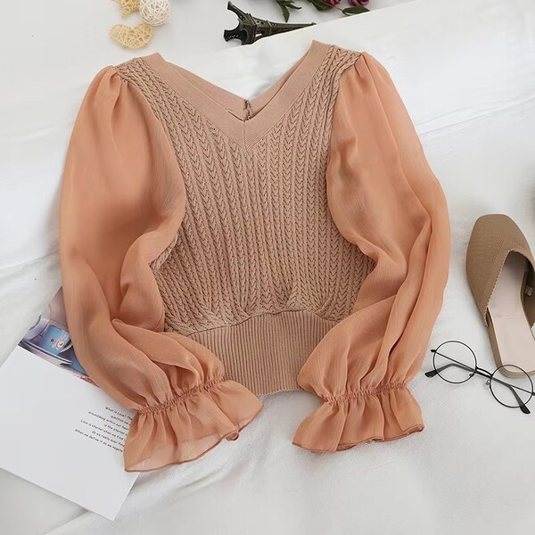 Womens Patchwork Chiffon V Neck Knit Sweater