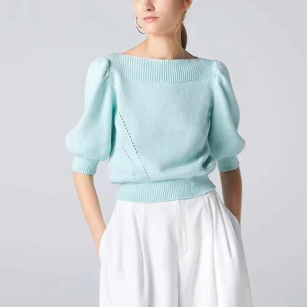 One pieces Neckline Pullover Puffy Half Sleeve Knit Sweater