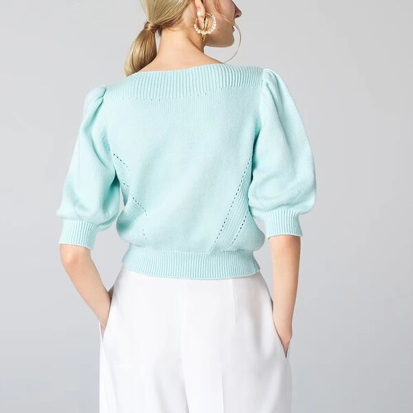 One pieces Neckline Pullover Puffy Half Sleeve Knit Sweater