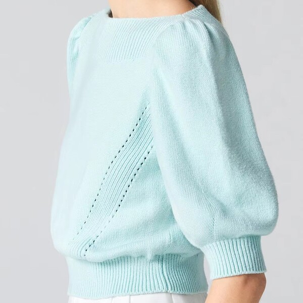 One pieces Neckline Pullover Puffy Half Sleeve Knit Sweater