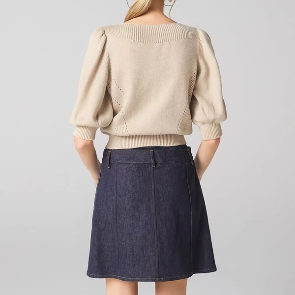 One pieces Neckline Pullover Puffy Half Sleeve Knit Sweater