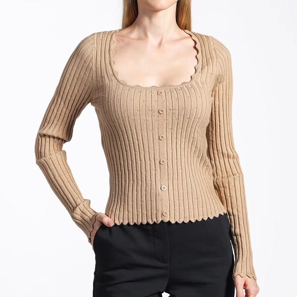 Womens Solid Color Square Neck Slim Knit Sweater