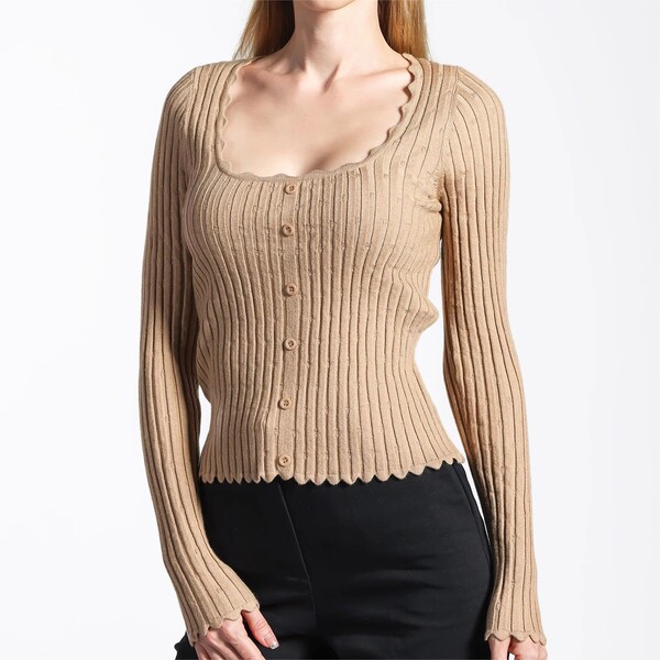 Womens Solid Color Square Neck Slim Knit Sweater